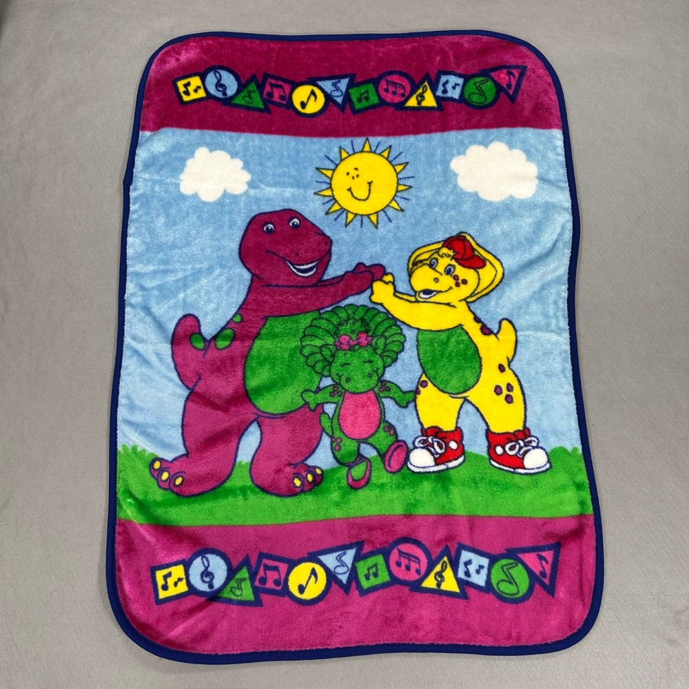 Vintage Barney and Friends Plush Fleece Throw Blanket 40x30 Music Sunshine